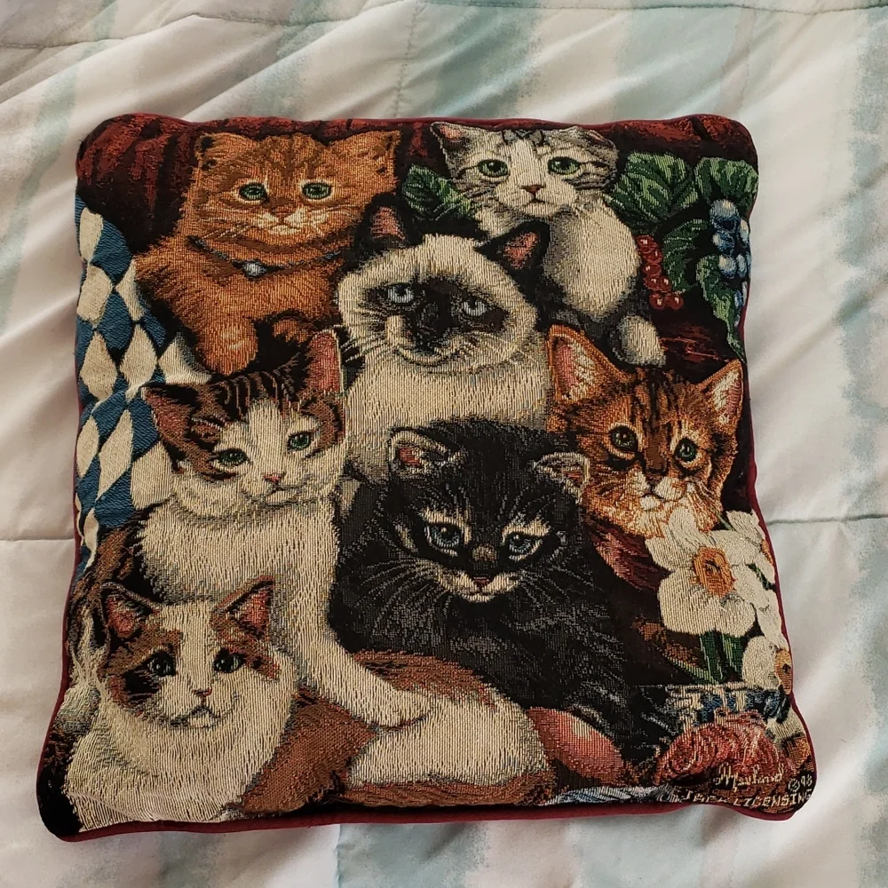Vintage 1998 Apple Jack Cat or Kitten Tapestry Pillow 16X16